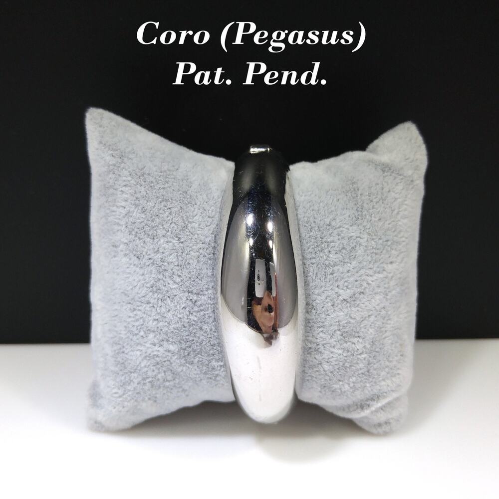 Coro Pegasus Mid-century Hinged Cuff Bracelet, Silver Tone 1950s Vintage Jewelry